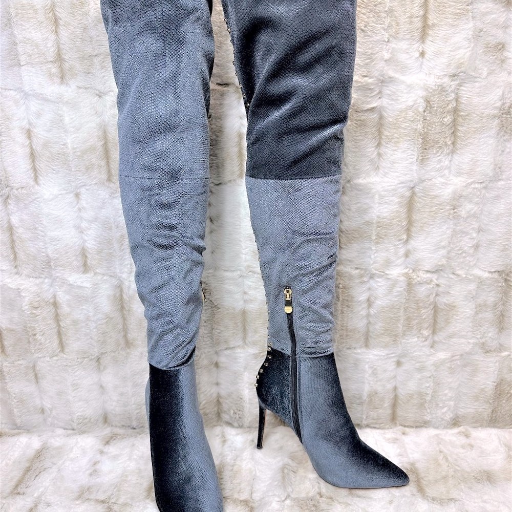 * So Me Blue Studded Thigh High Pointy Toe High Heel Boots - Picture 9 of 11